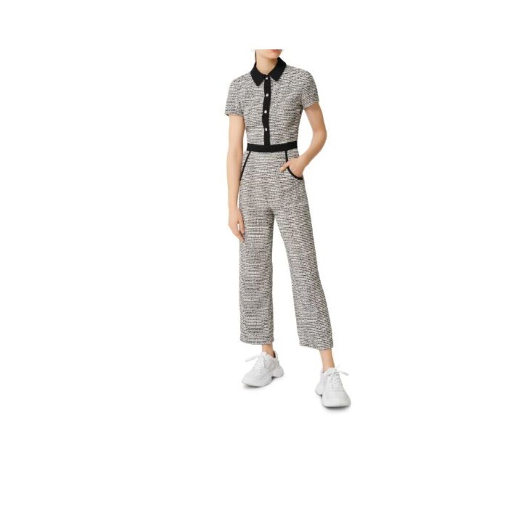 Maje Black and White Tweed Short-Sleeve Jumpsuit